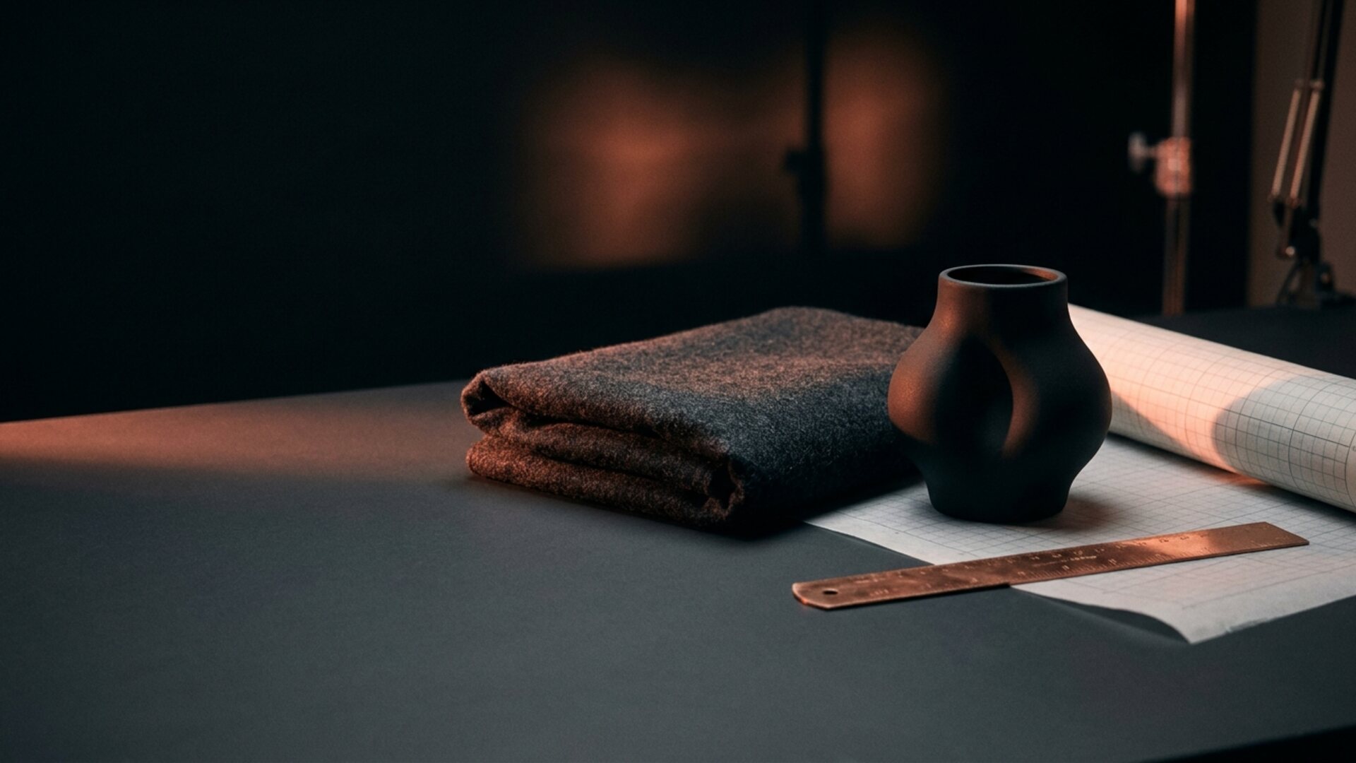 Atelier sombre composé de matière, de volume et d'outils cuivrés